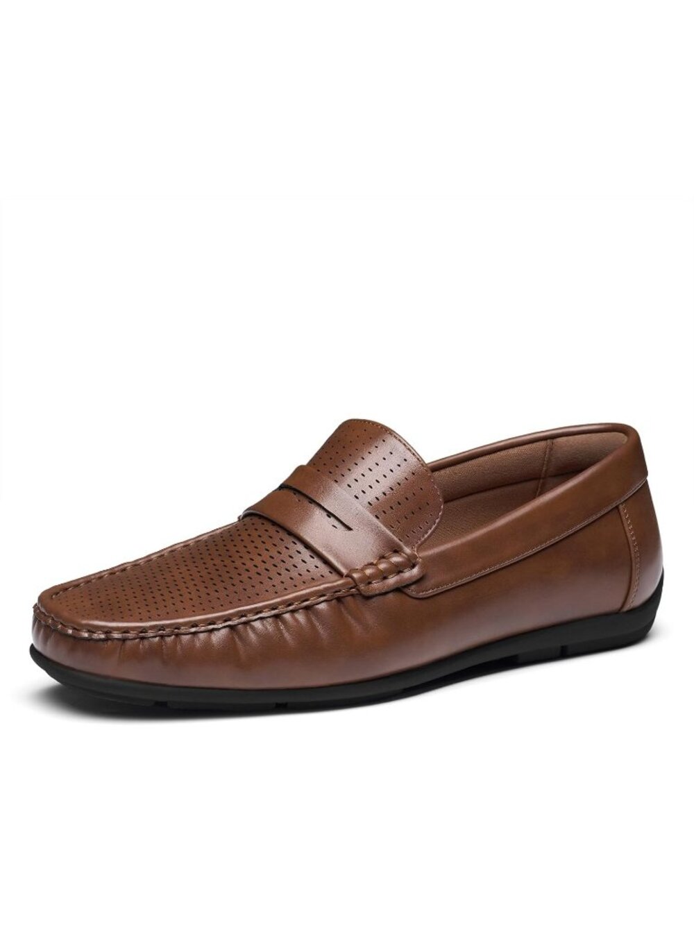 Men's Brown Perforated Square Toe Lightweight Slip On Faux Leather Penny Loafers